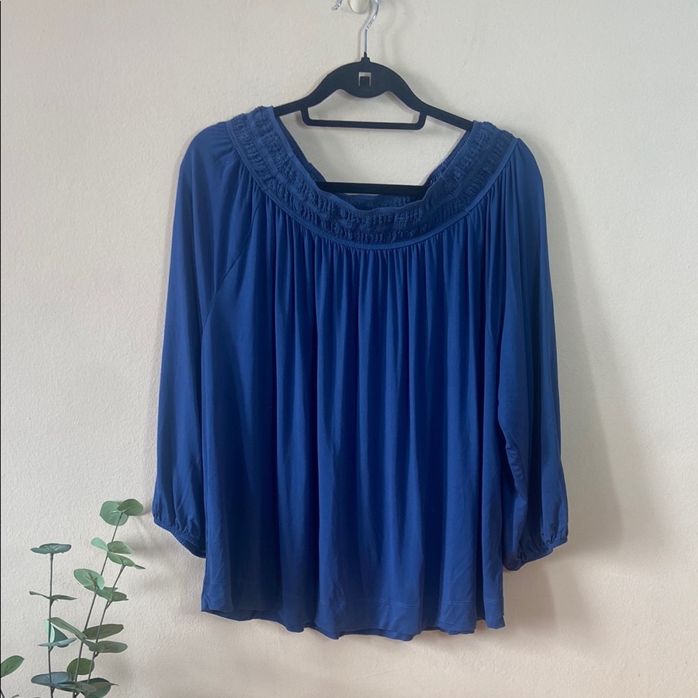 Chaps Denim Off Shoulder Blouse XL Navy Blue Boho Peasant Top Lightweight Casual